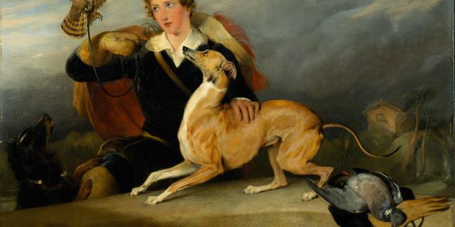 The Hon Richard Cavendish and the 6th Dukes Favourite Italian Greyhound Spot with a falcon Sir Edwin Henry Landseer 1828 copy